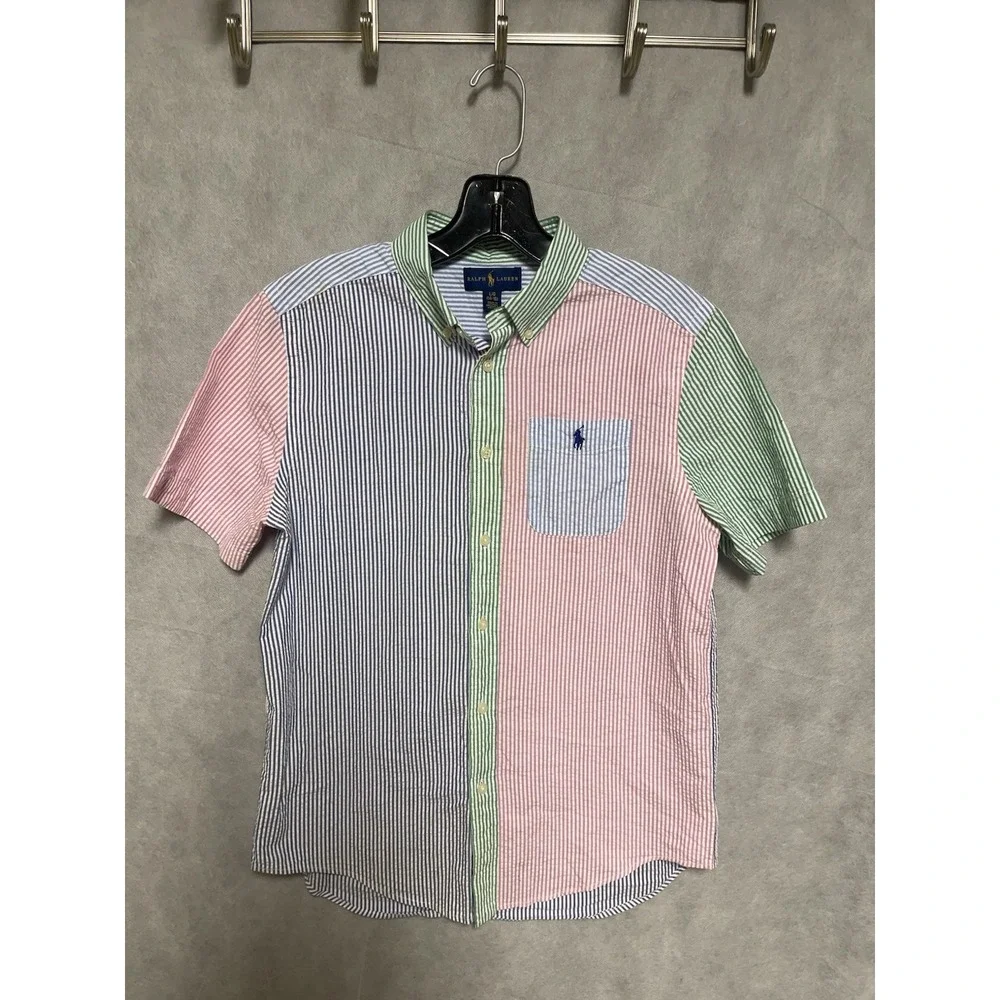 Ralph Lauren Shirt Boy's L (14-16) Hickory‎ Striped Seersucker Button Up Casual